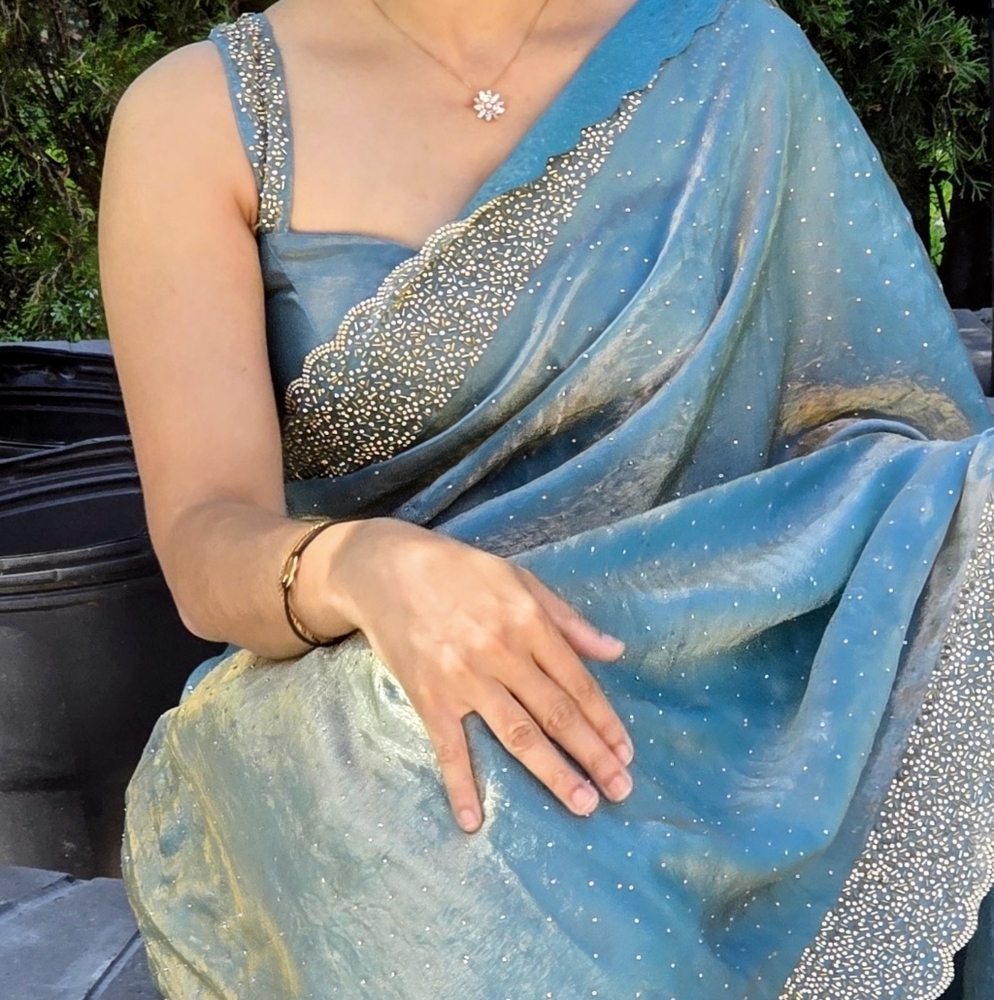 Elegant Blue and Gold Women's Saree With Stitched Blouse Three Colors Available